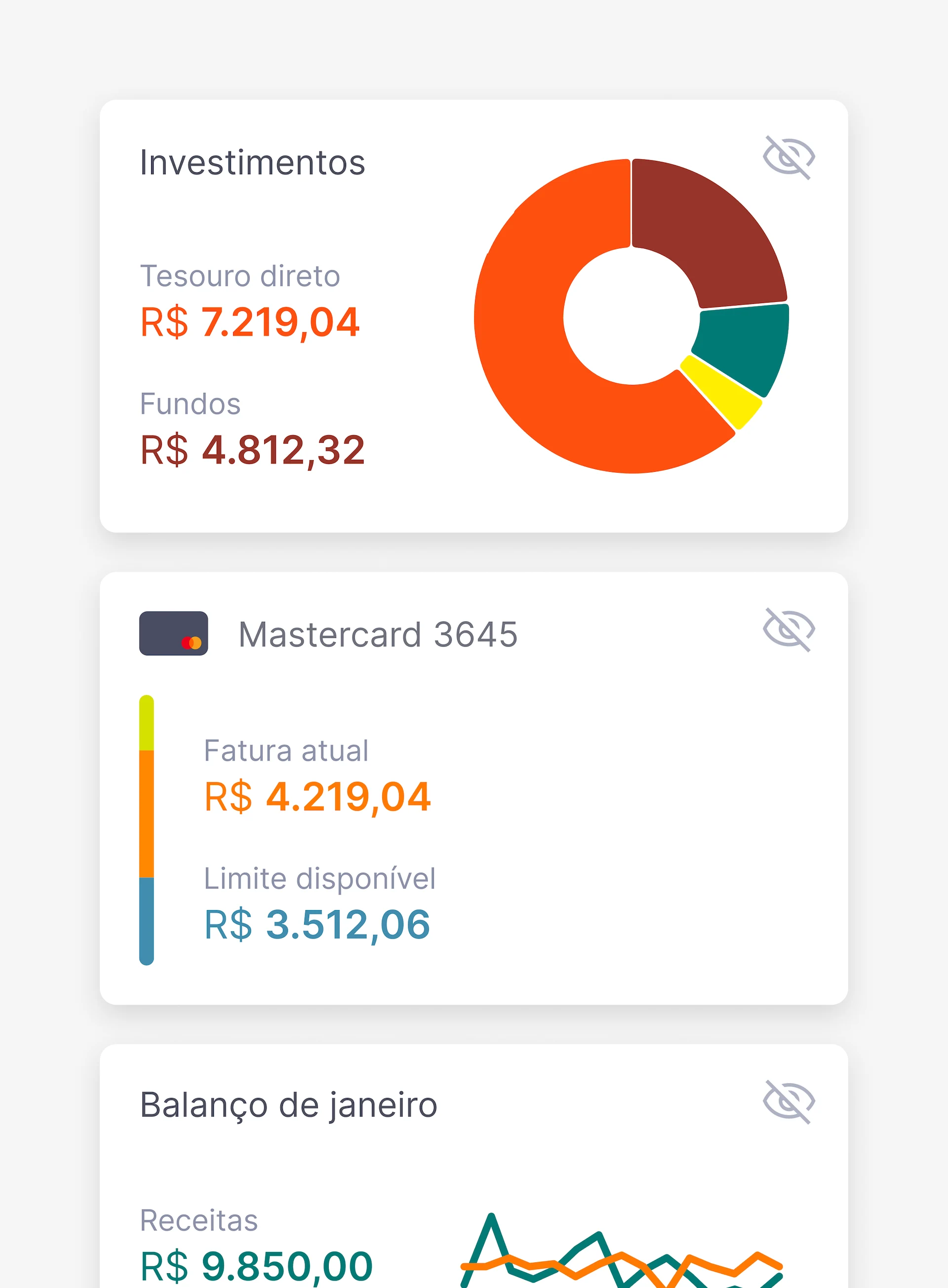 Home screen widgets for investments, credit card and monthly balance