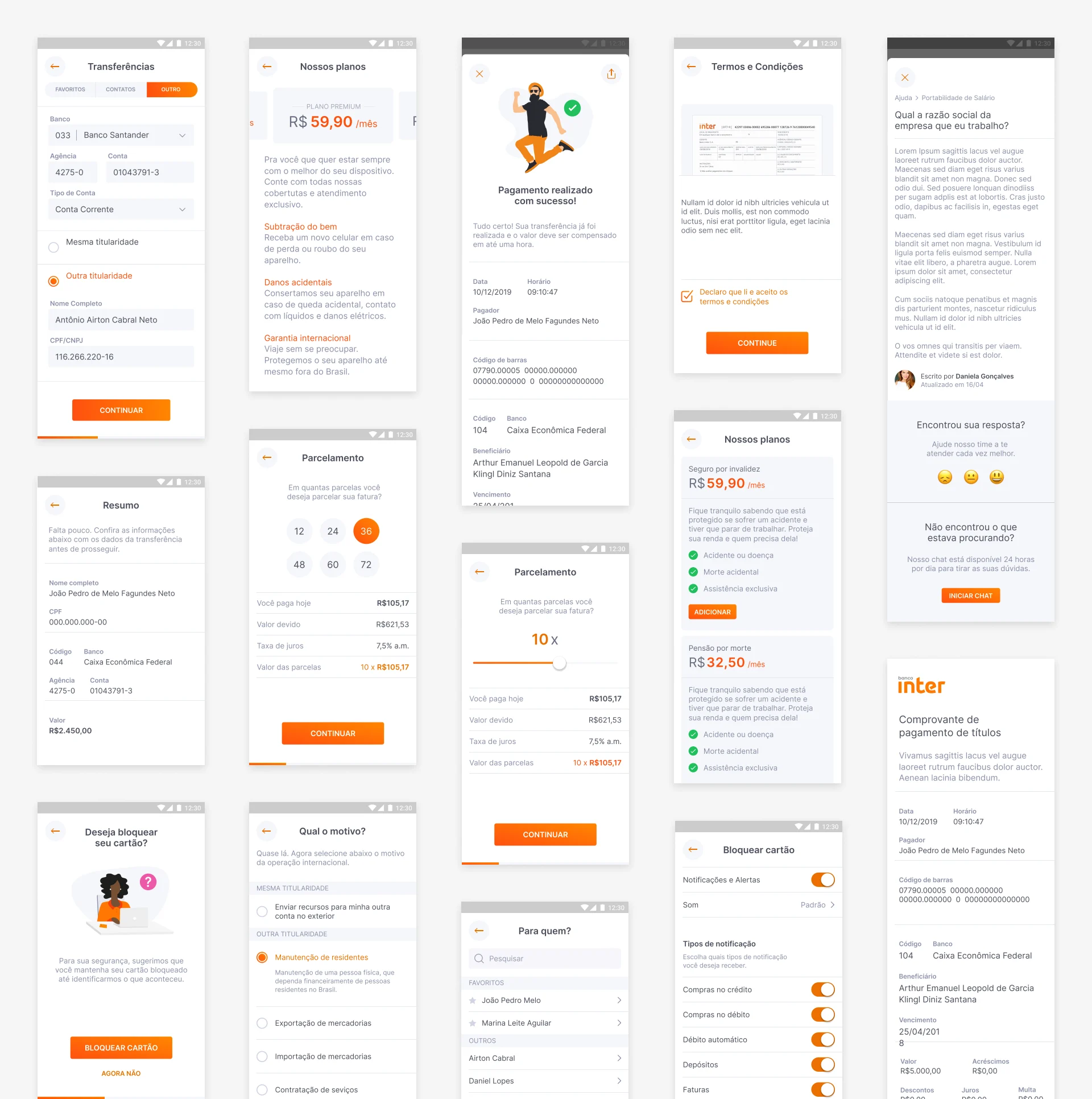 Overview of screens produced across the redesign, arranged as a grid