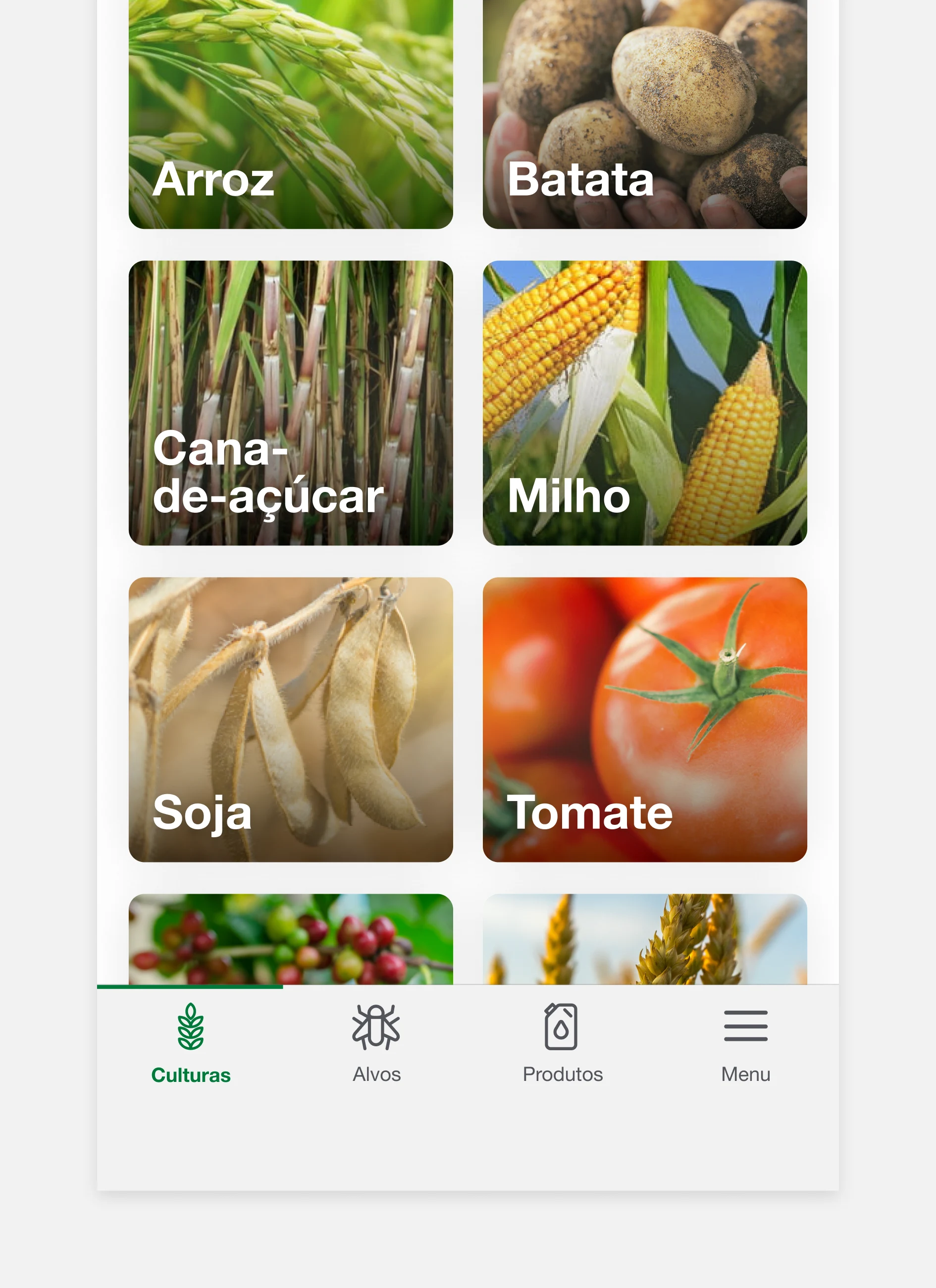 Crop catalog screen with a photographic tile for each culture