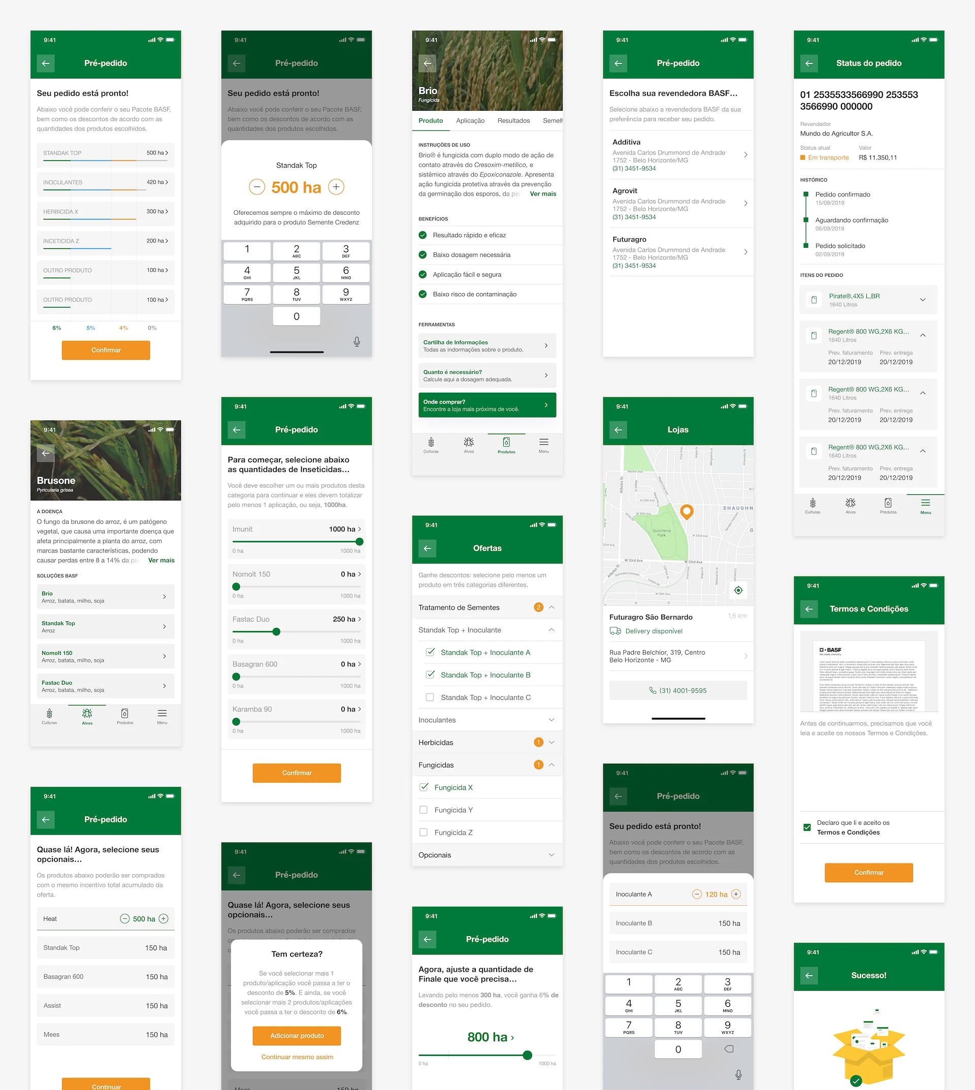 Overview of screens produced across the project, arranged as a grid